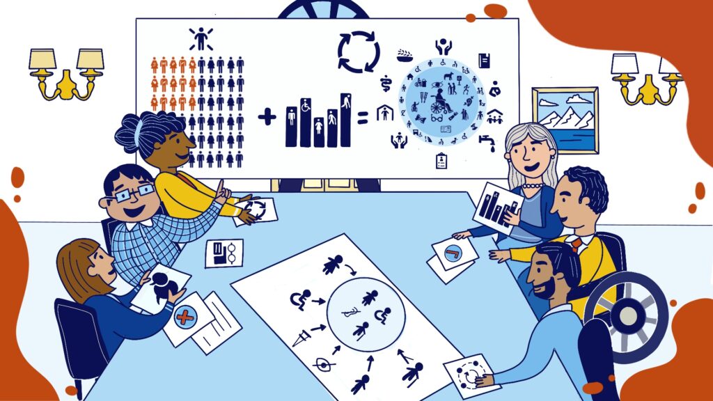 Graphic of people sitting at the table talking and planning